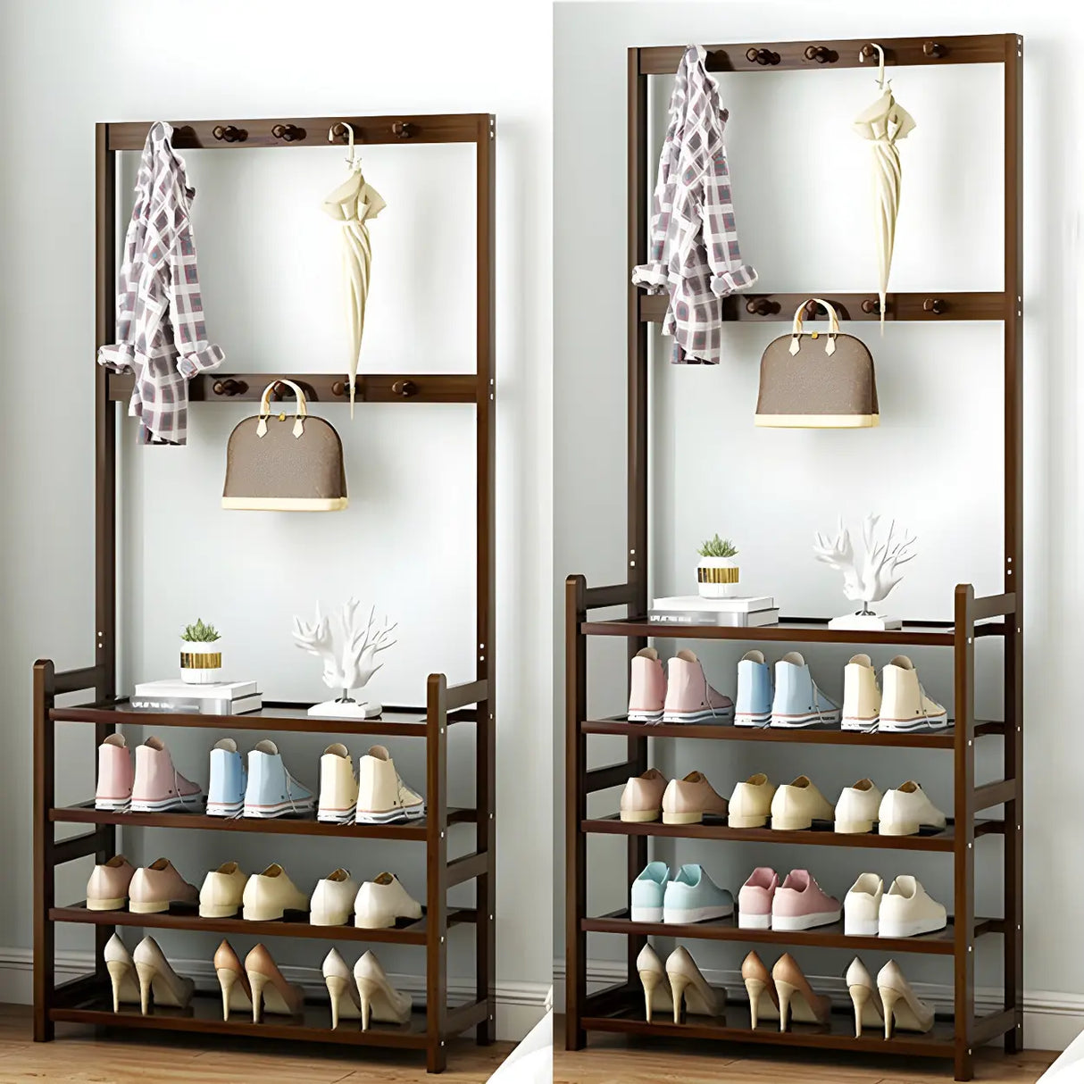 Minimalist Bamboo Garment Coat Rack with Shelves and Hooks Image - 21