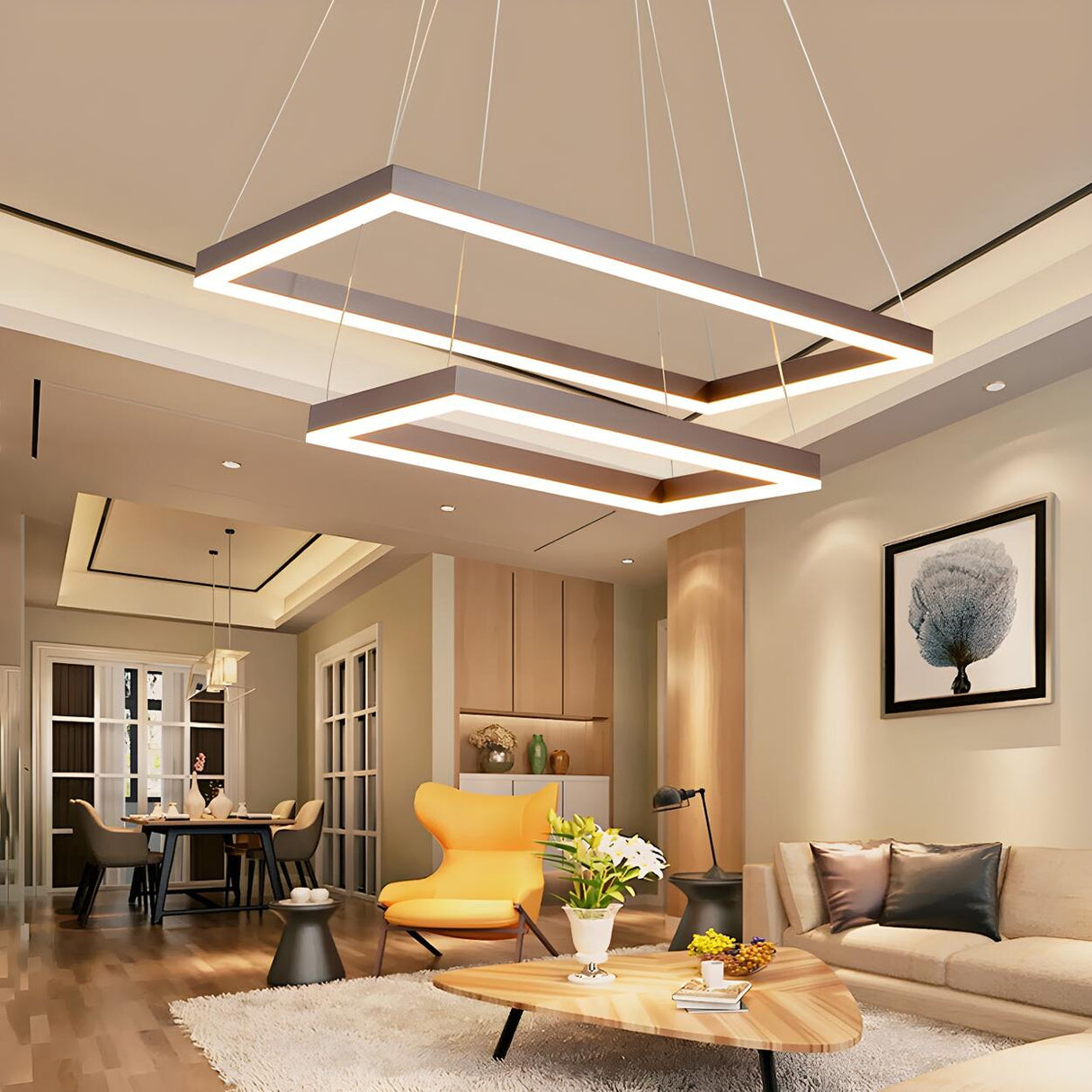 Minimalist Bedroom Layered Rectangle LED Pendant Chandelier Image - 6