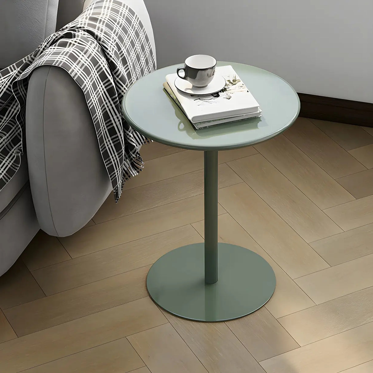 Minimalist Black Finish Round Metal Pedestal Side Table Image - 7