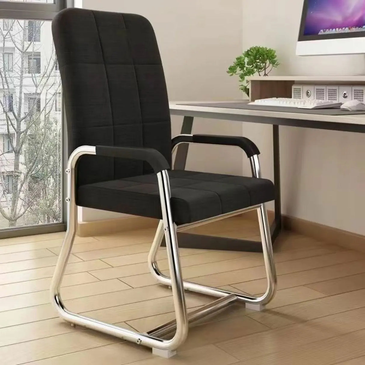 Minimalist Black Fixed Arms Ergonomic Medium Office Chair Image - 22