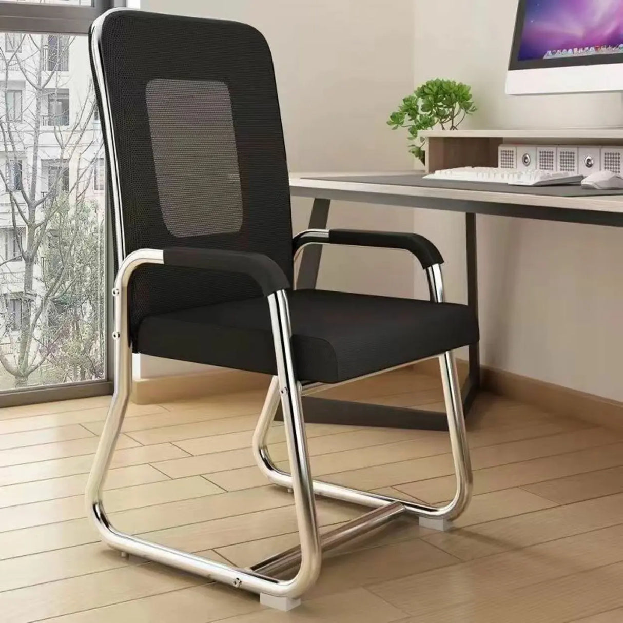 Minimalist Black Fixed Arms Ergonomic Medium Office Chair Image - 6