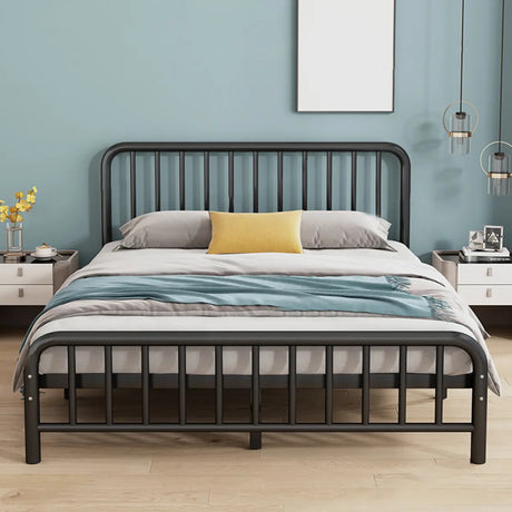 Minimalist Black Queen Metal Slat Bed with Headboard Image - 1