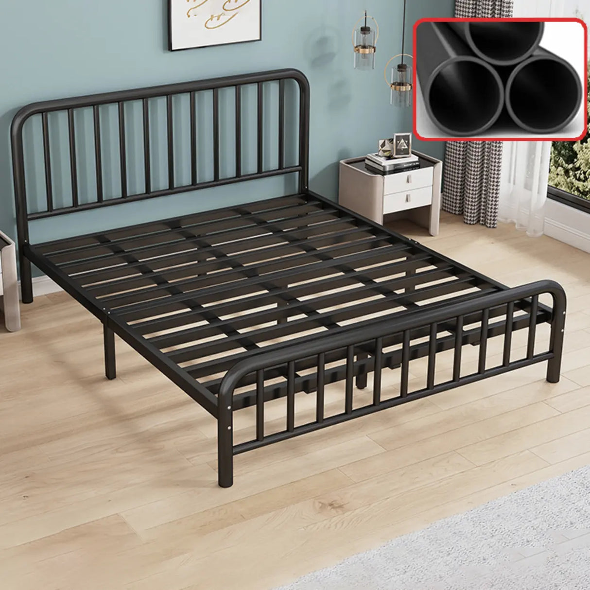 Minimalist Black Queen Metal Slat Bed with Headboard Image - 2