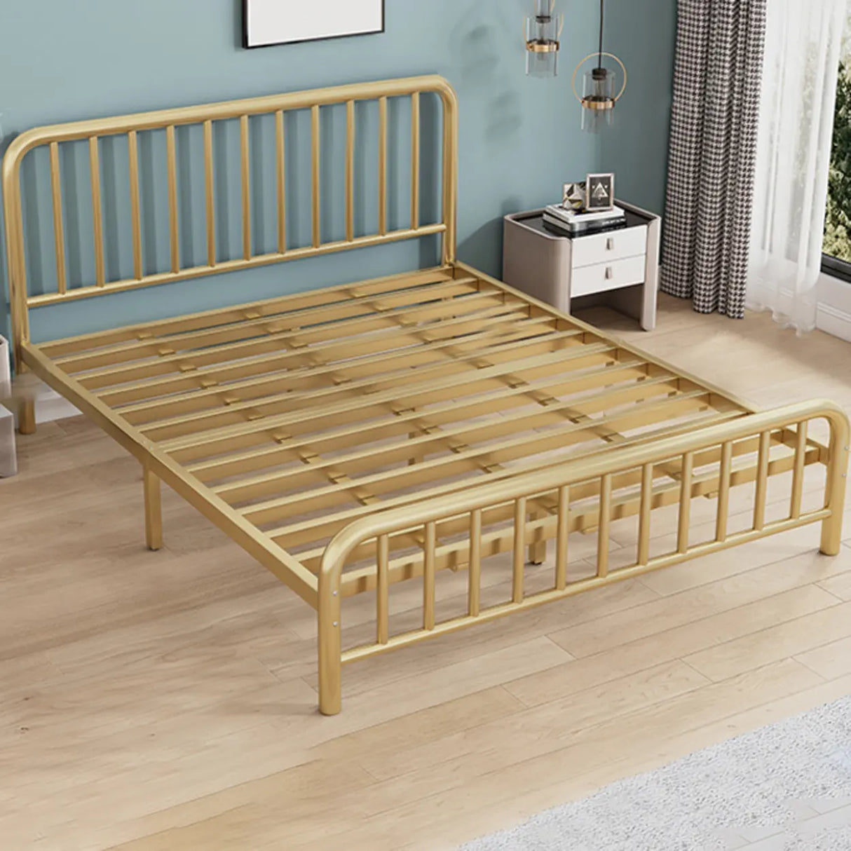 Minimalist Black Queen Metal Slat Bed with Headboard Image - 4