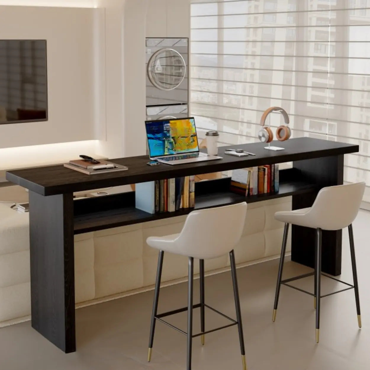 Minimalist Black Rectangular Wood Bar Table with Shelf Image - 1