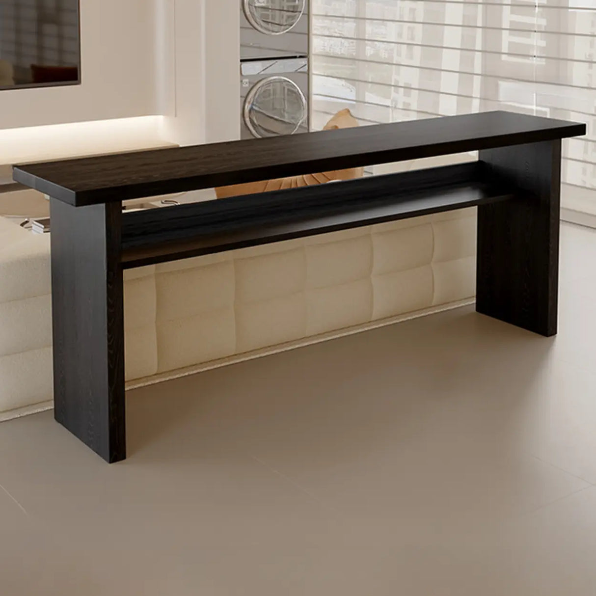 Minimalist Black Rectangular Wood Bar Table with Shelf Image - 2