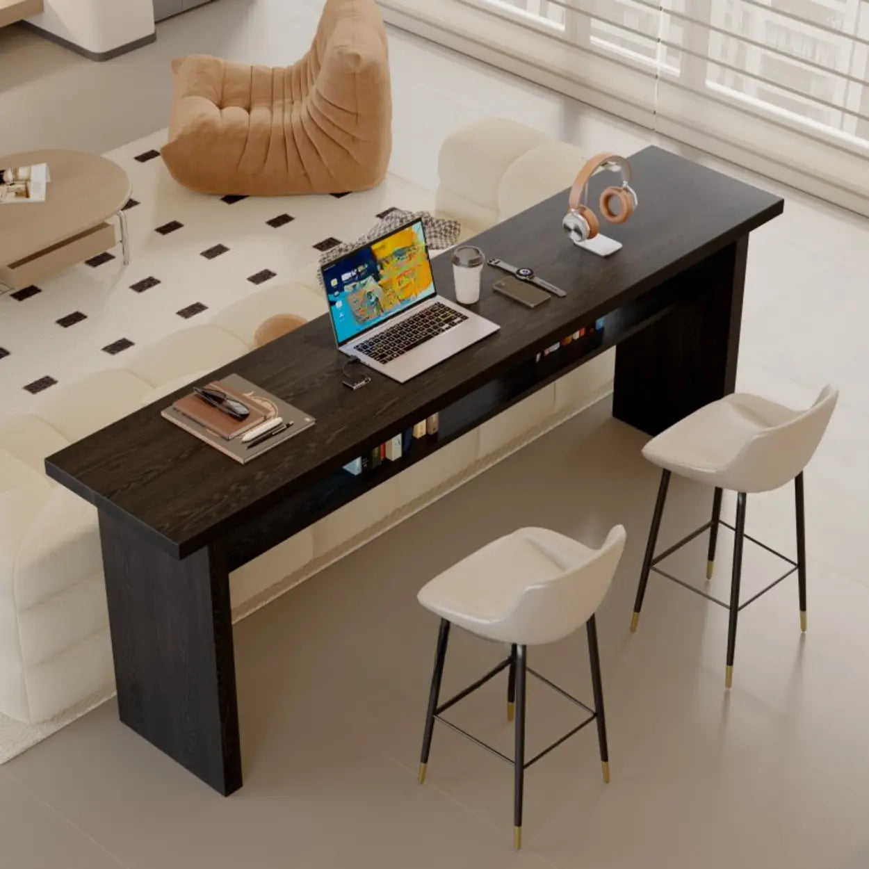 Minimalist Black Rectangular Wood Bar Table with Shelf Image - 5