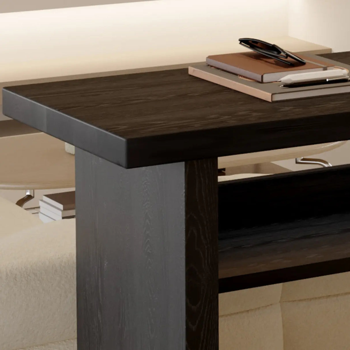 Minimalist Black Rectangular Wood Bar Table with Shelf Image - 7