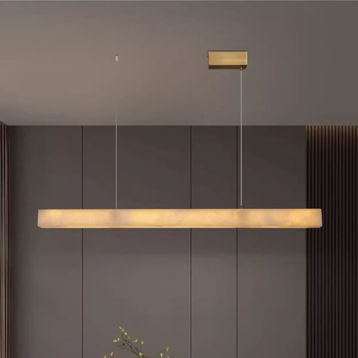 Minimalist Brass Slim Alabaster LED Linear Pendant Island Light Image - 1