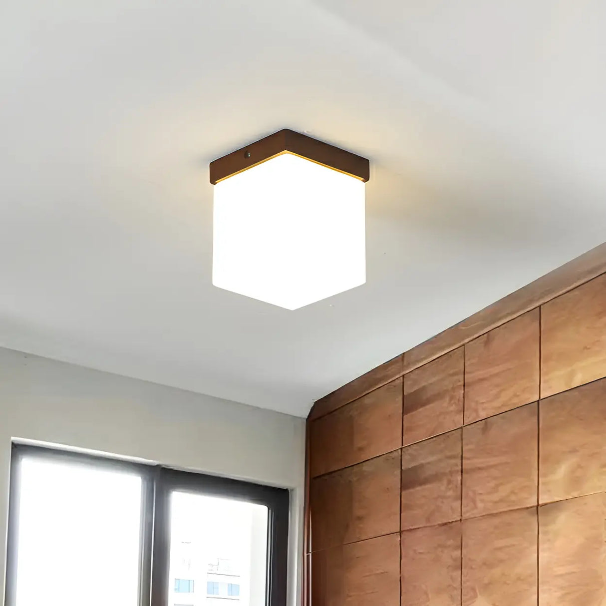 Minimalist Brown Cube Wood Flush Mount Ceiling Light Image - 3