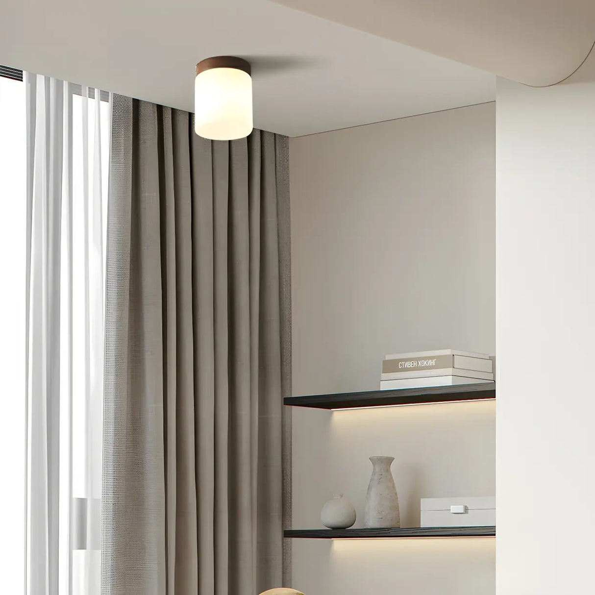Minimalist Brown Cube Wood Flush Mount Ceiling Light Image - 4