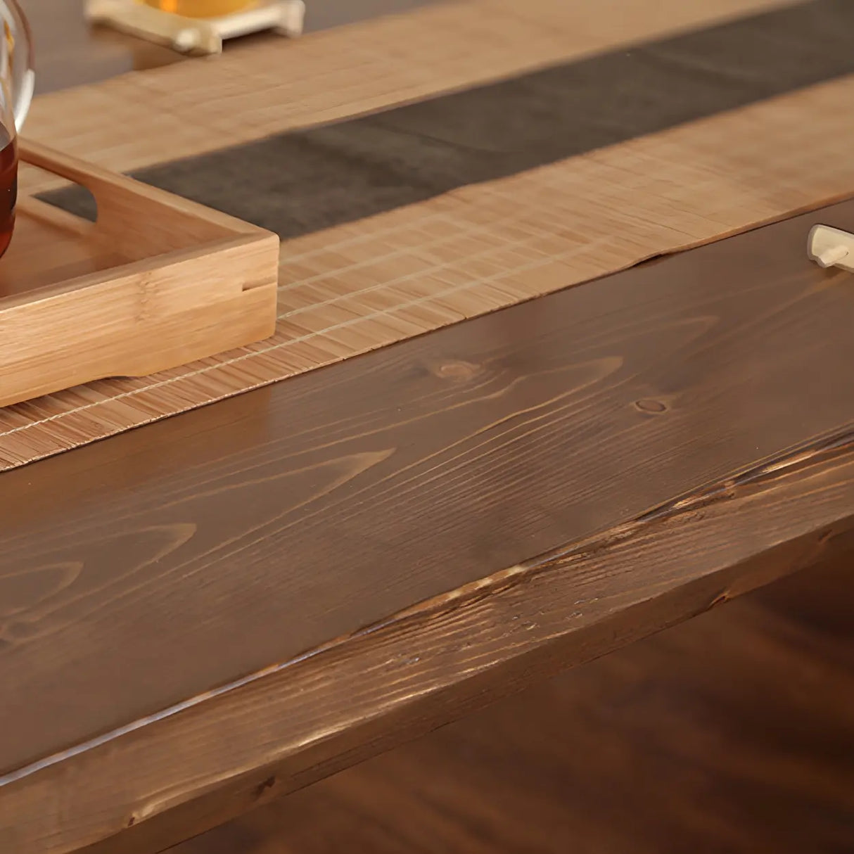Minimalist Brown Wood Rectangular Four-Leg Coffee Table Image - 11