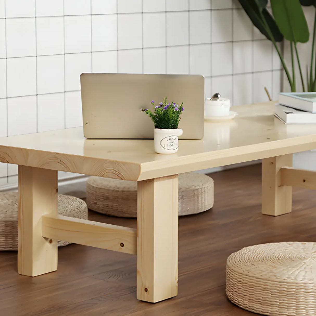 Minimalist Brown Wood Rectangular Four-Leg Coffee Table Image - 15