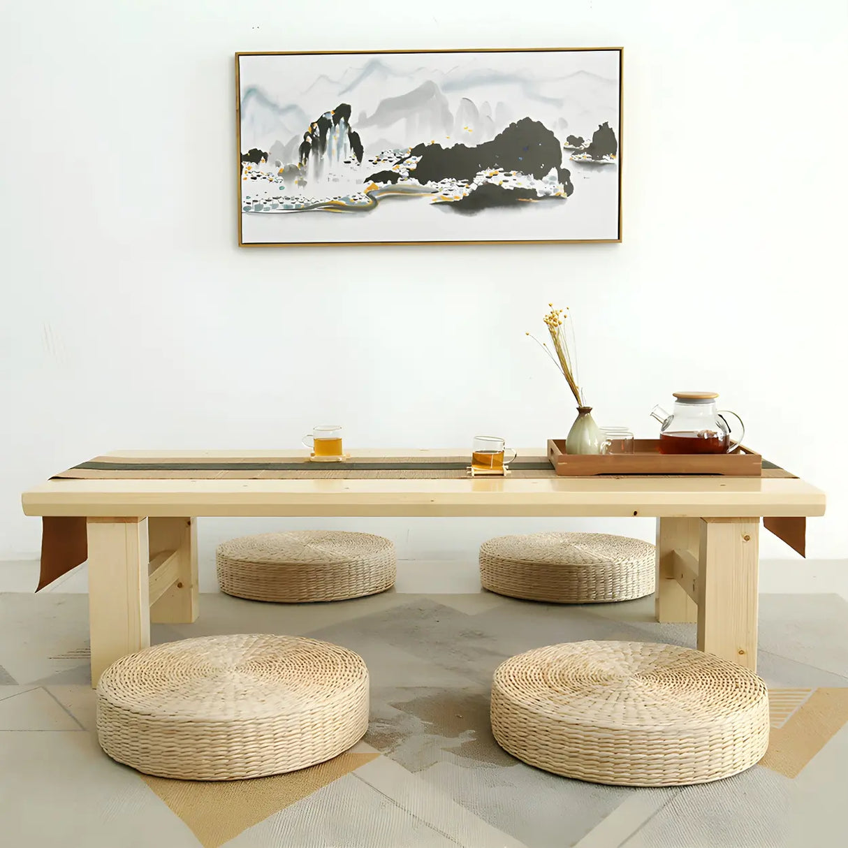 Minimalist Brown Wood Rectangular Four-Leg Coffee Table Image - 2