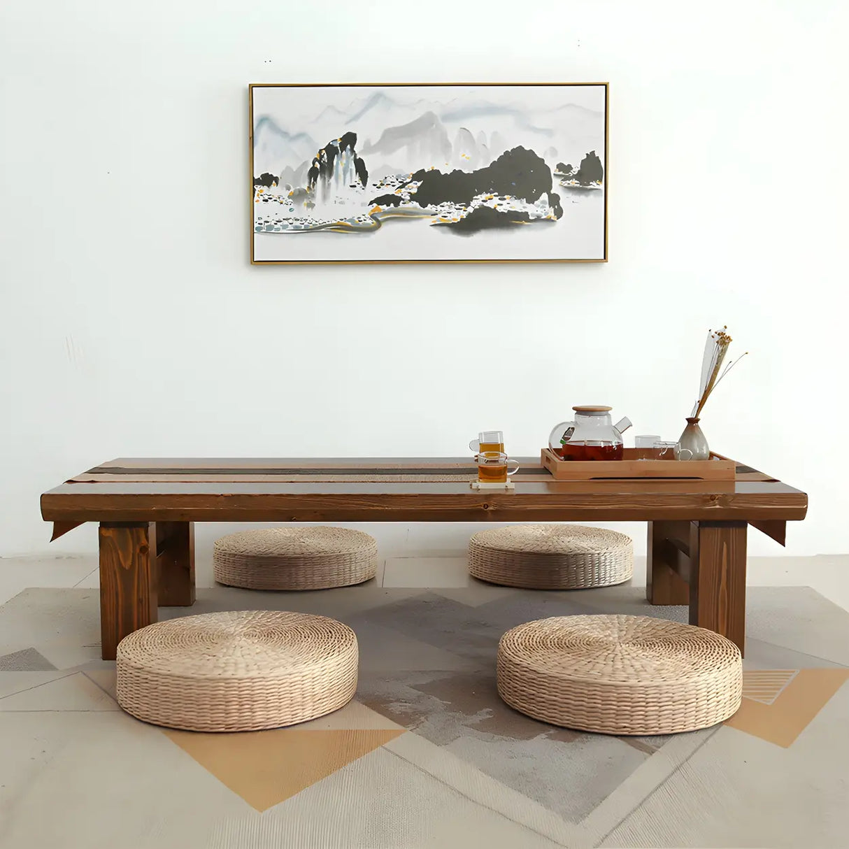 Minimalist Brown Wood Rectangular Four-Leg Coffee Table Image - 3