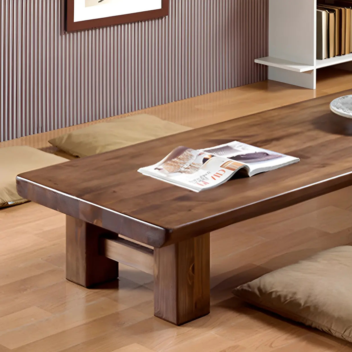 Minimalist Brown Wood Rectangular Four-Leg Coffee Table Image - 8