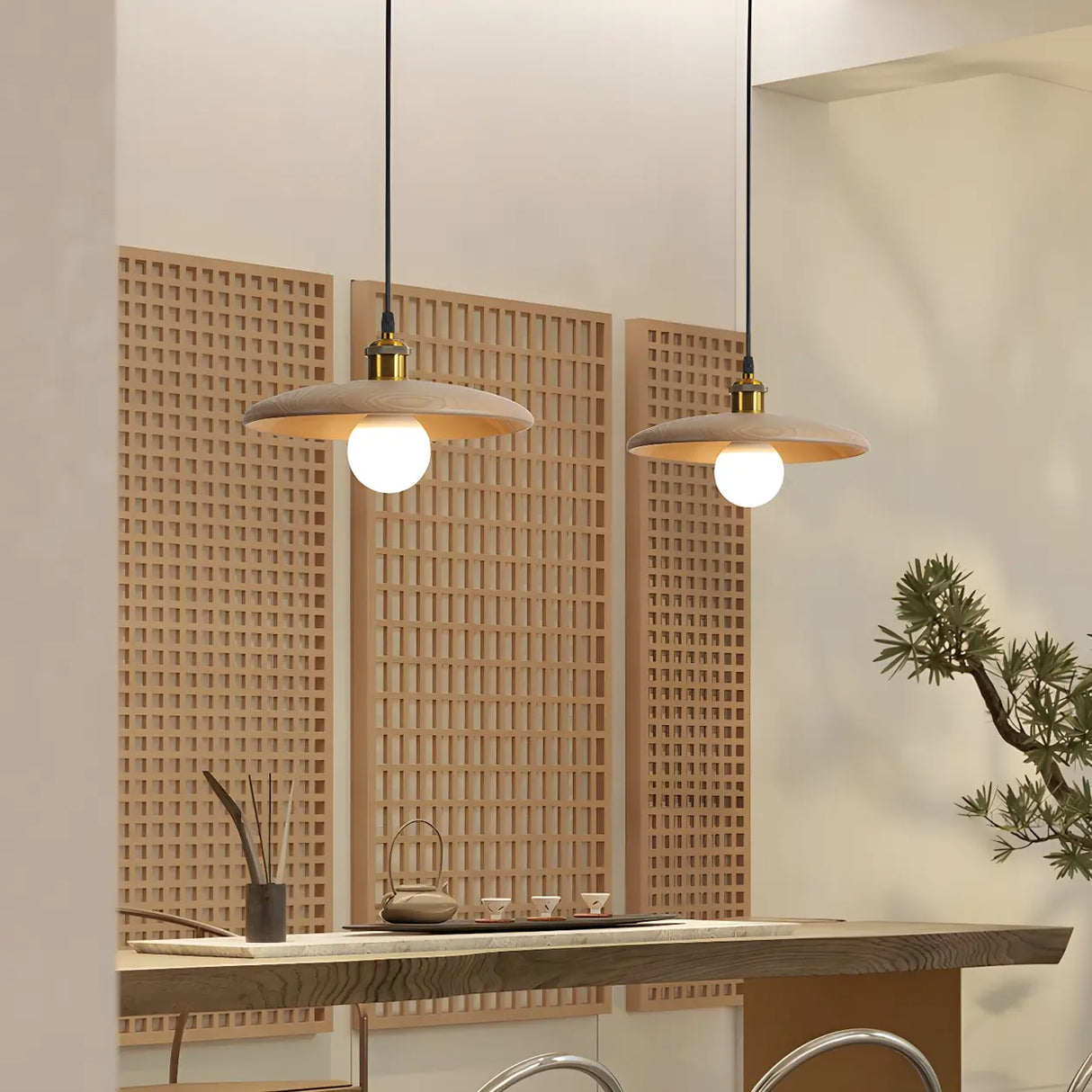 Modern Round Wooden Dome Pendant Light for Dining Room Image - 1
