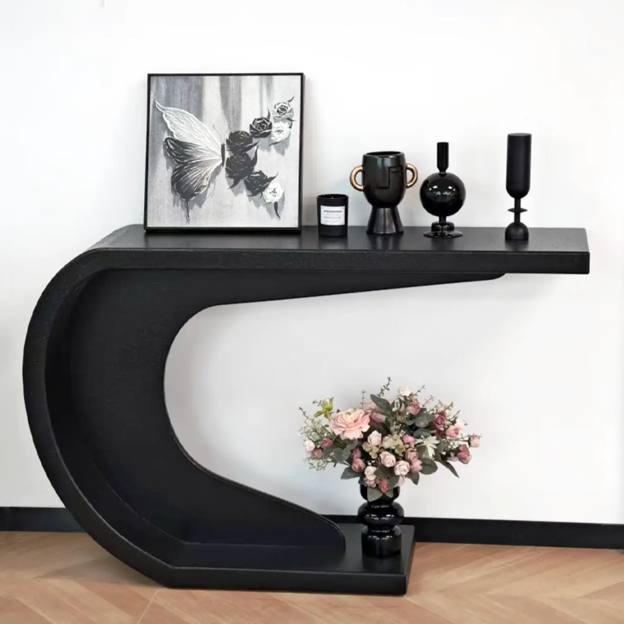 Minimalist Display Entryway C-Shaped Wood Modern Console Table Image - 3