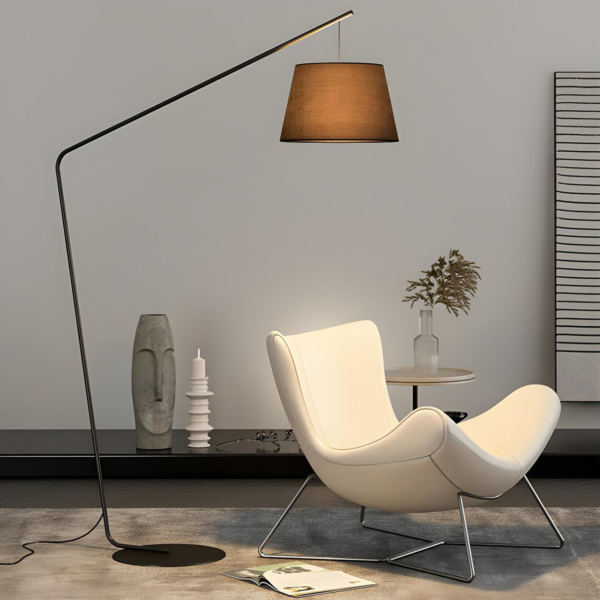 Minimalist Drum Shade and Black Arc Metal Floor Lamp Image - 10