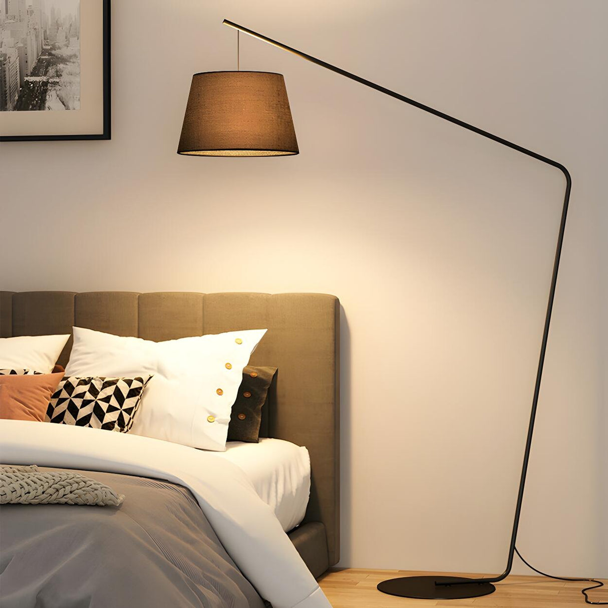 Minimalist Drum Shade and Black Arc Metal Floor Lamp Image - 11