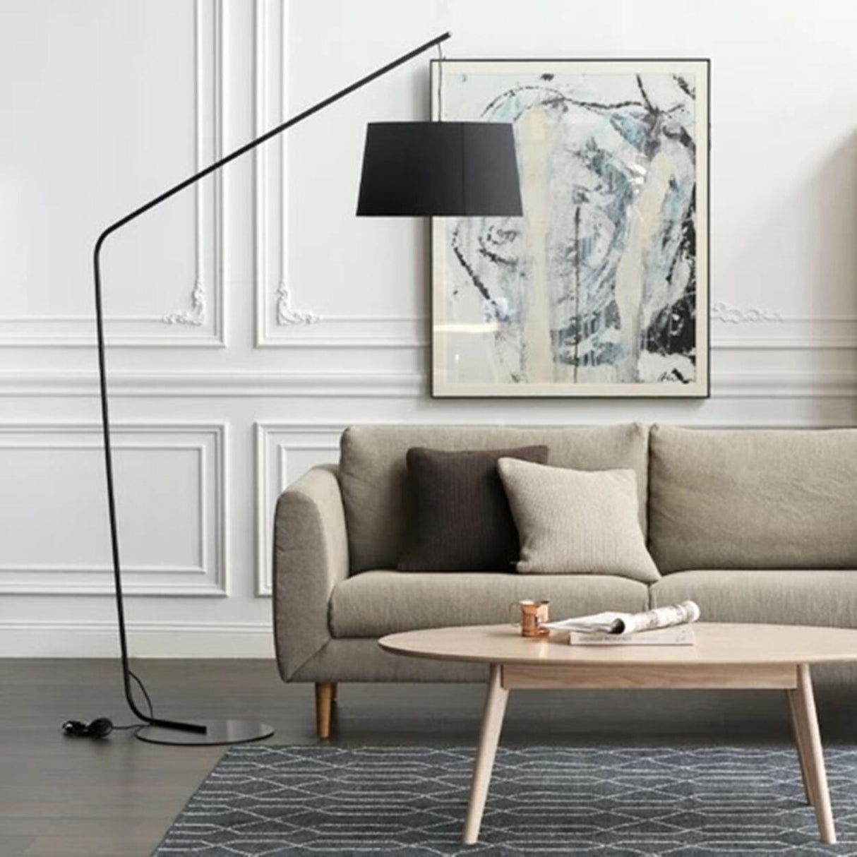 Minimalist Drum Shade and Black Arc Metal Floor Lamp Image - 3