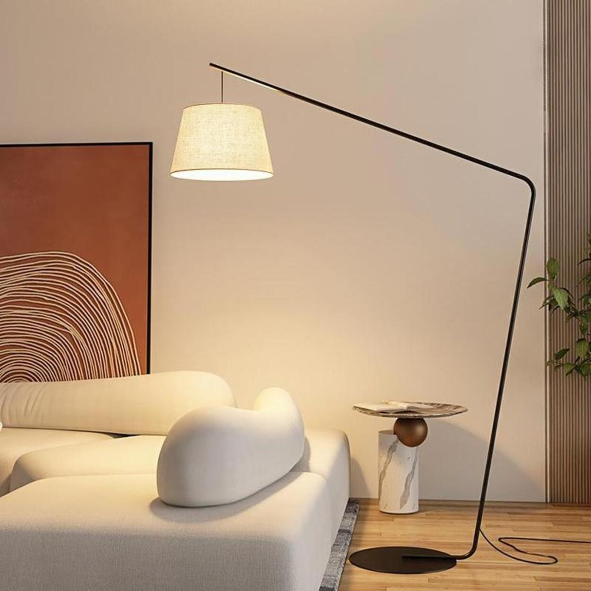 Minimalist Drum Shade and Black Arc Metal Floor Lamp Image - 4
