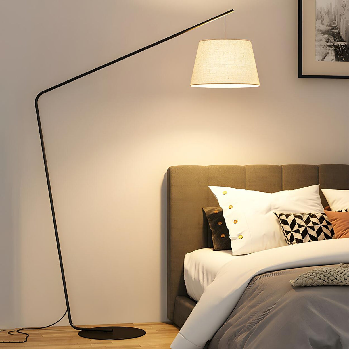 Minimalist Drum Shade and Black Arc Metal Floor Lamp Image - 9