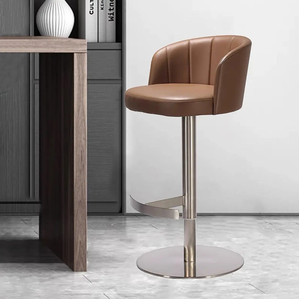 Minimalist Gray Rotatable Backrest Barrel Seat Bar Stool Image - 8