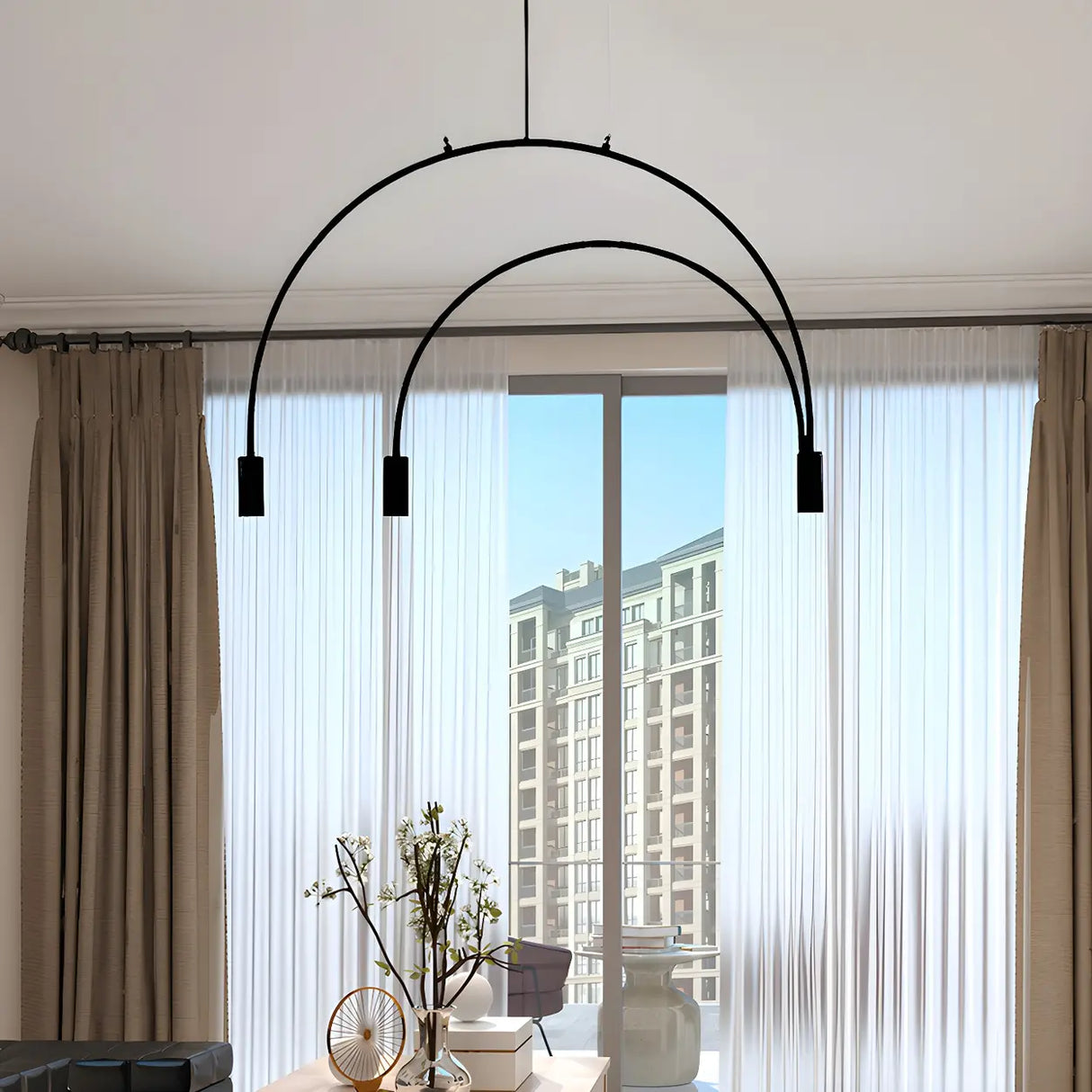 Minimalist Large Black Arched Metal LED Pendant Light Image - 7