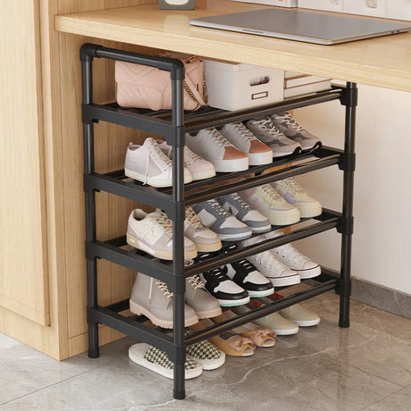 Minimalist Layered Black Metal Shoe Rack Storage Entryway Image - 1