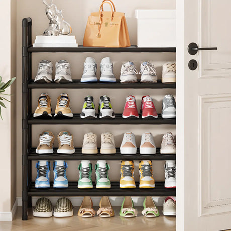 Minimalist Layered Black Metal Shoe Rack Storage Entryway Image - 2