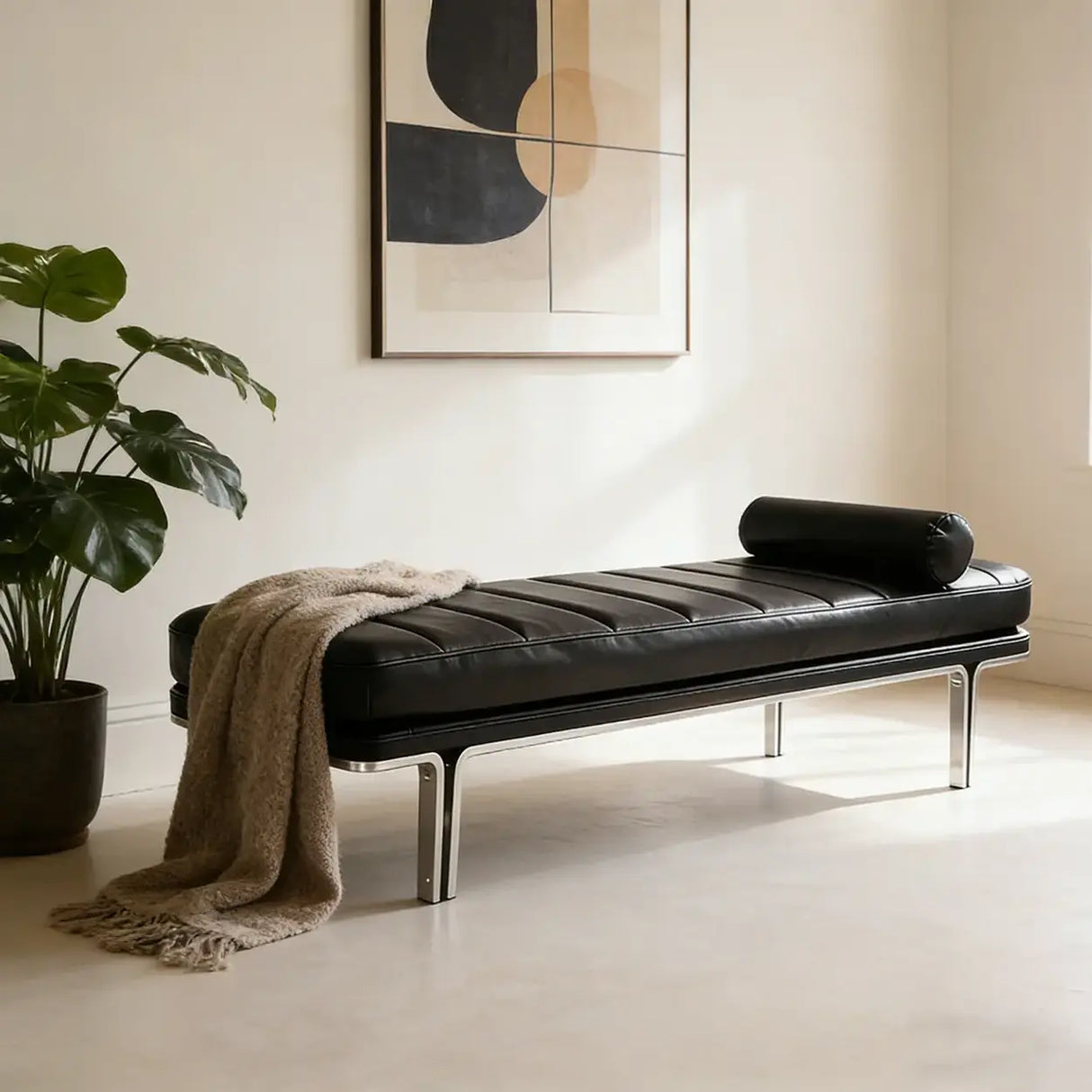 Minimalist Modern Leather Bedroom Bench With Bolster Pillow Image - 1