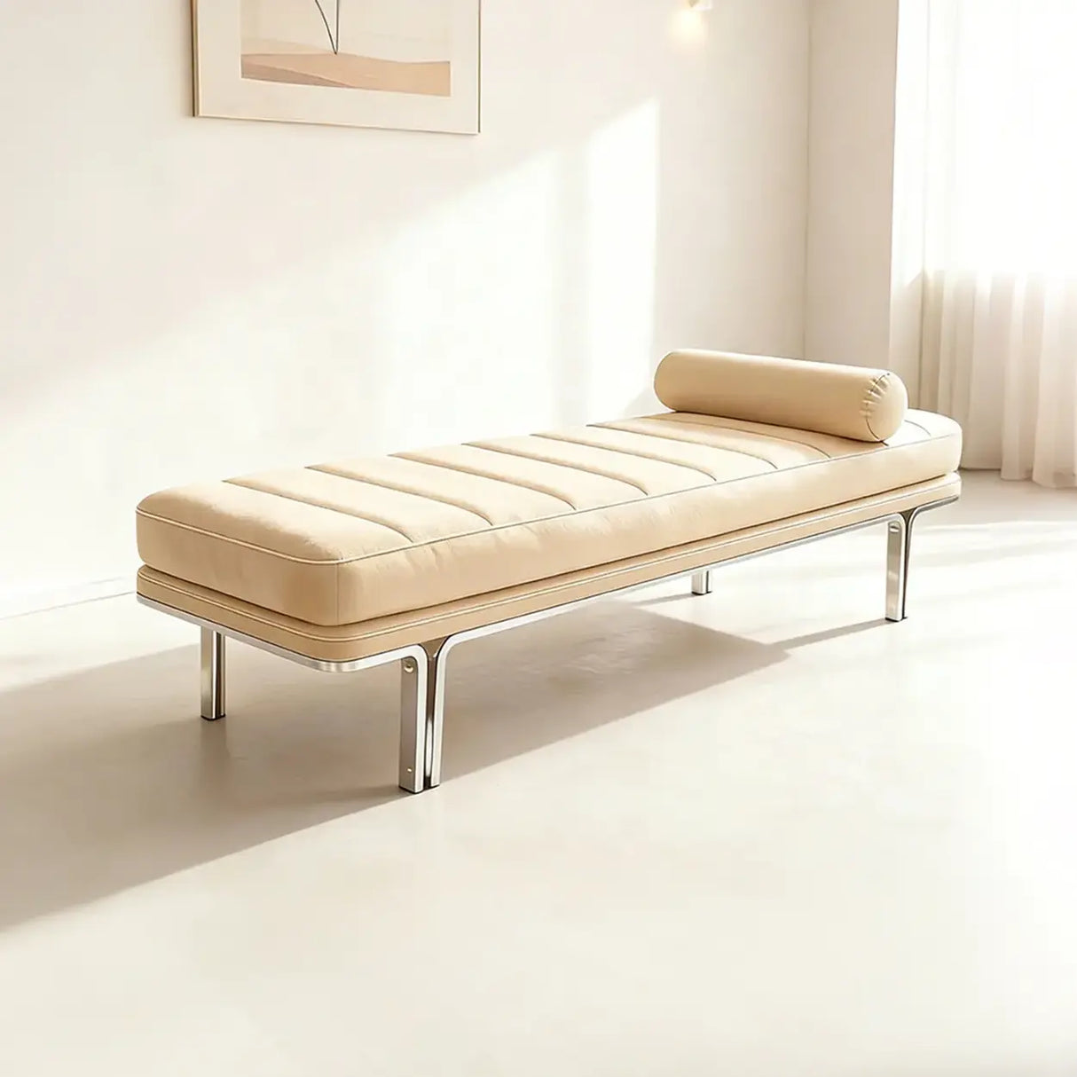Minimalist Modern Leather Bedroom Bench With Bolster Pillow Image - 10