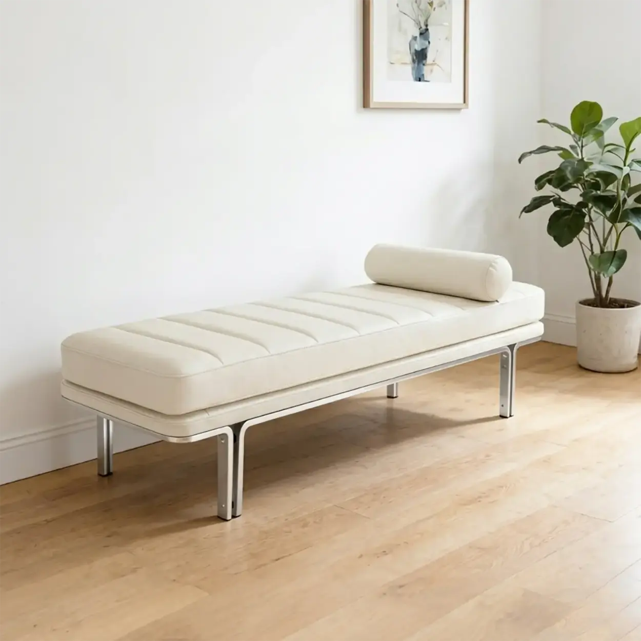 Minimalist Modern Leather Bedroom Bench With Bolster Pillow Image - 11