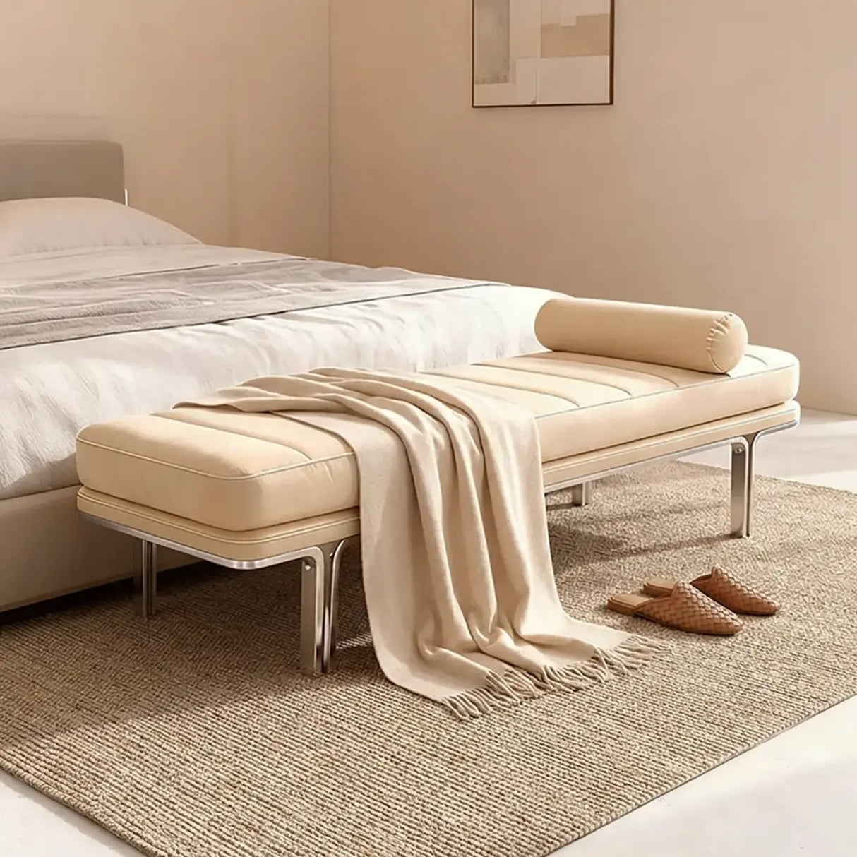 Minimalist Modern Leather Bedroom Bench With Bolster Pillow Image - 2