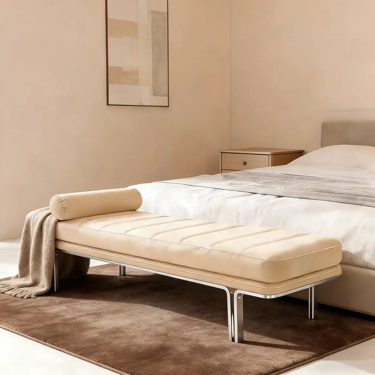 Minimalist Modern Leather Bedroom Bench With Bolster Pillow Image - 6