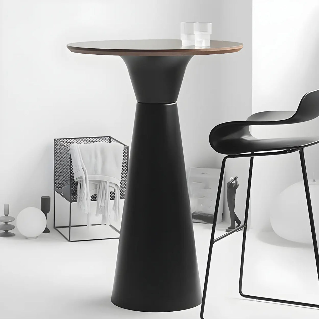 Minimalist Modern Round Pedestal Wood Bar Table for Two Image - 4