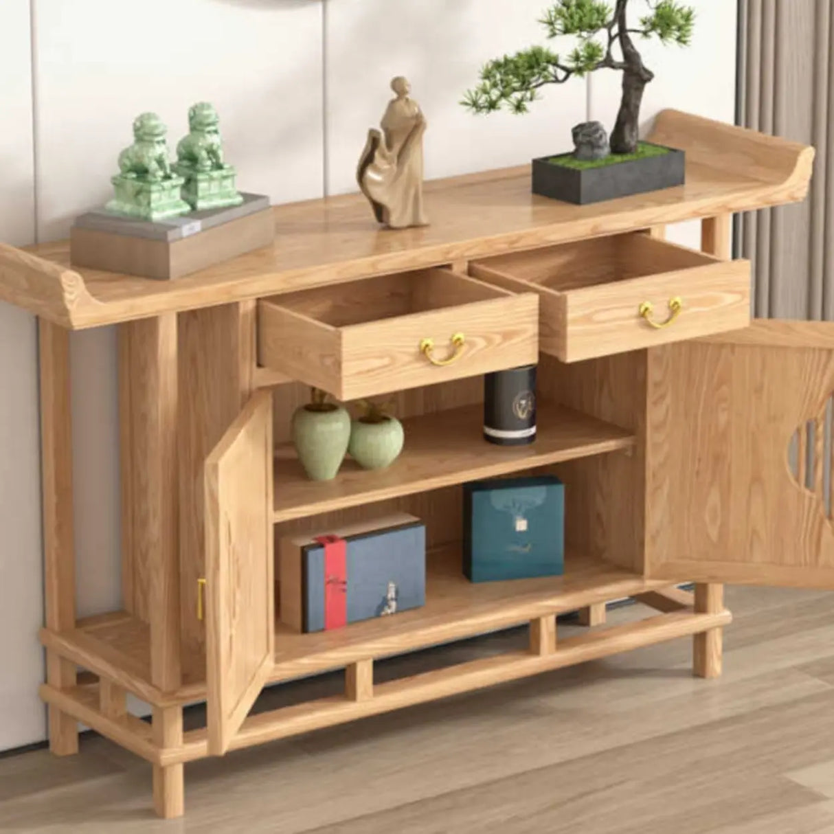 Minimalist Oak Wood Natural Storage Display Console Table Image - 11