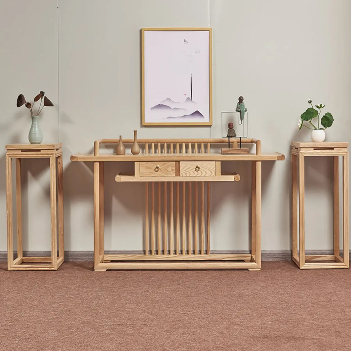 Minimalist Oak Wood Natural Storage Display Console Table Image - 1