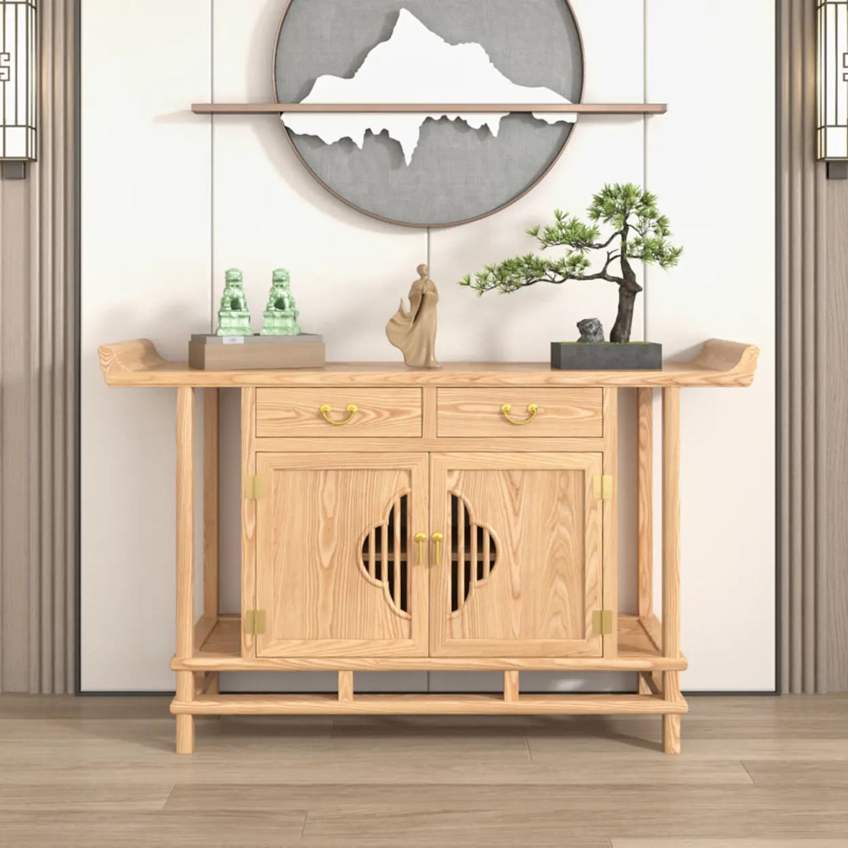 Minimalist Oak Wood Natural Storage Display Console Table Image - 2