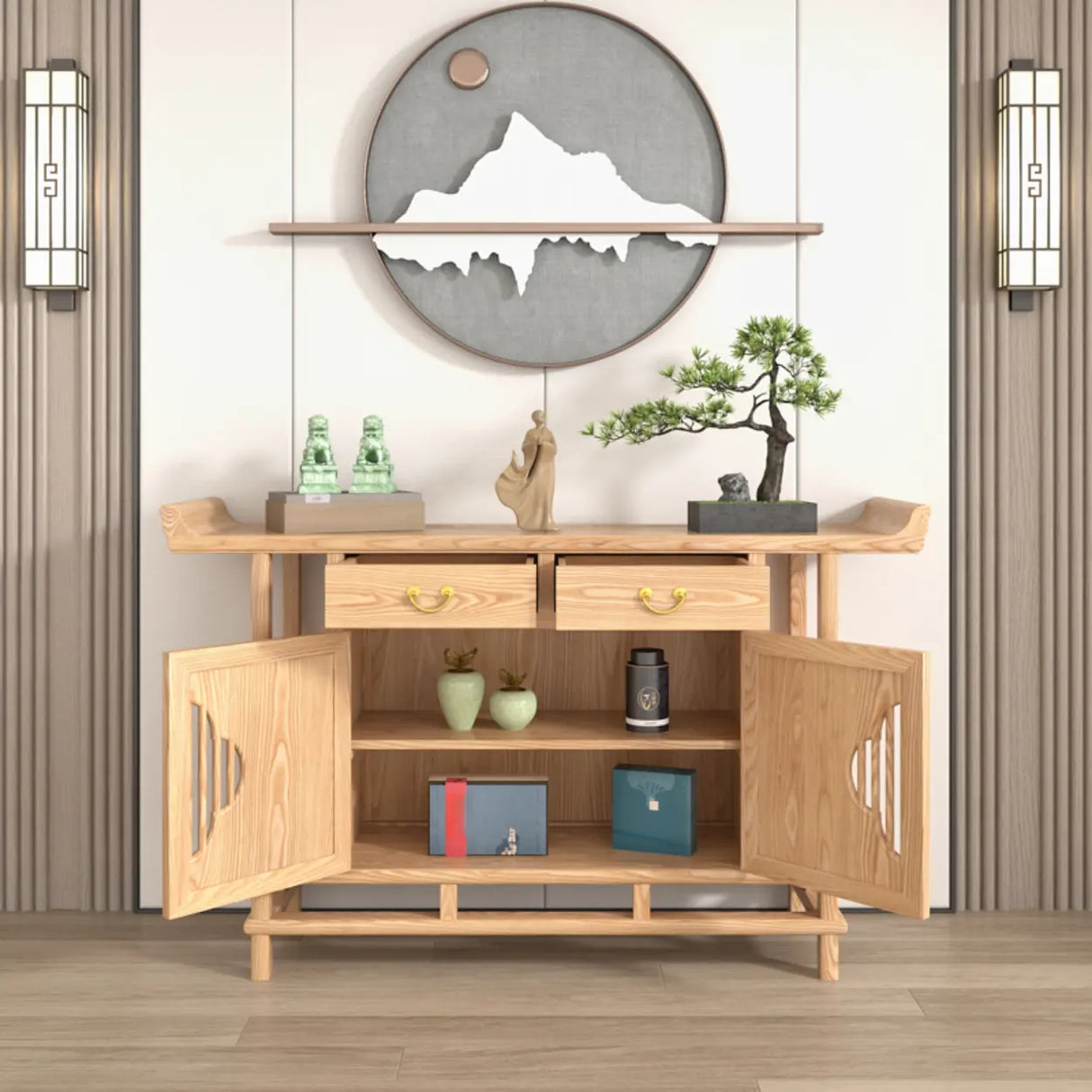 Minimalist Oak Wood Natural Storage Display Console Table Image - 4