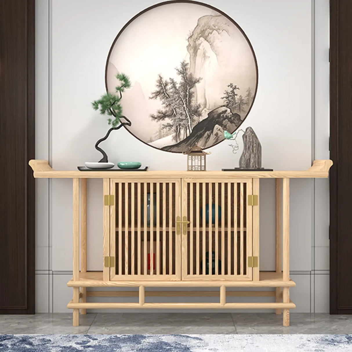 Minimalist Oak Wood Natural Storage Display Console Table Image - 5