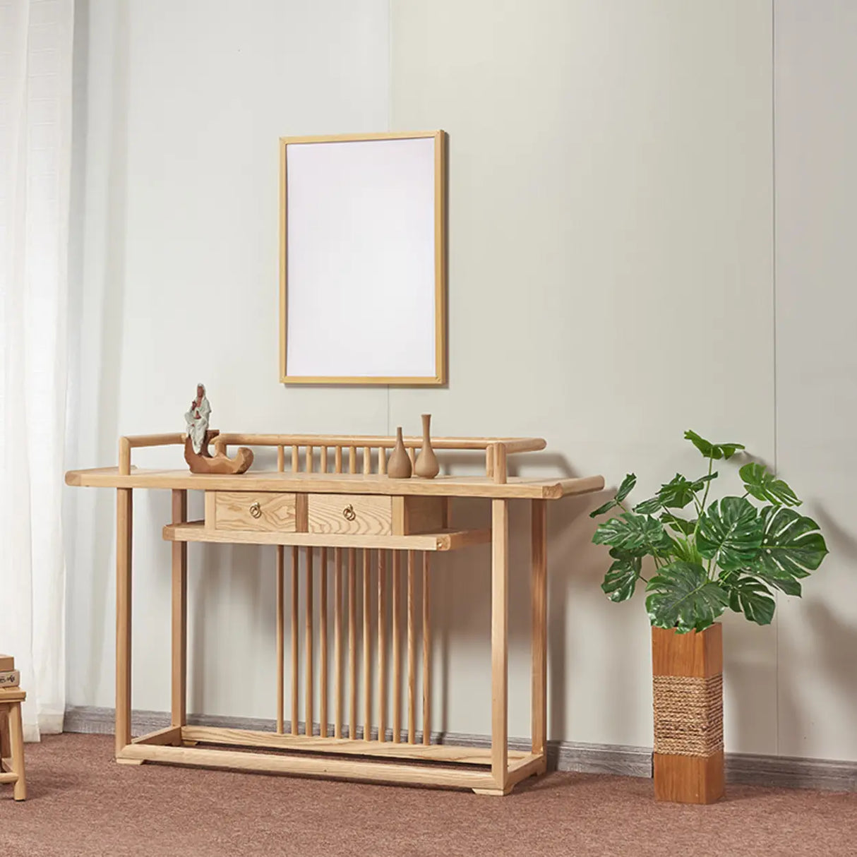 Minimalist Oak Wood Natural Storage Display Console Table Image - 7