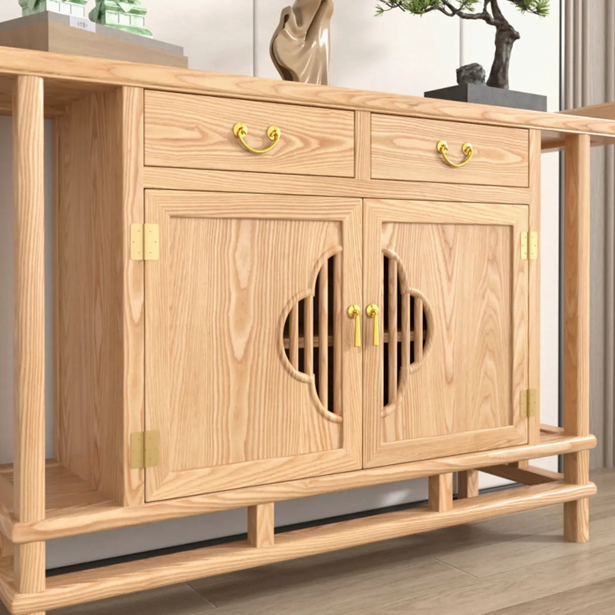 Minimalist Oak Wood Natural Storage Display Console Table Image - 8