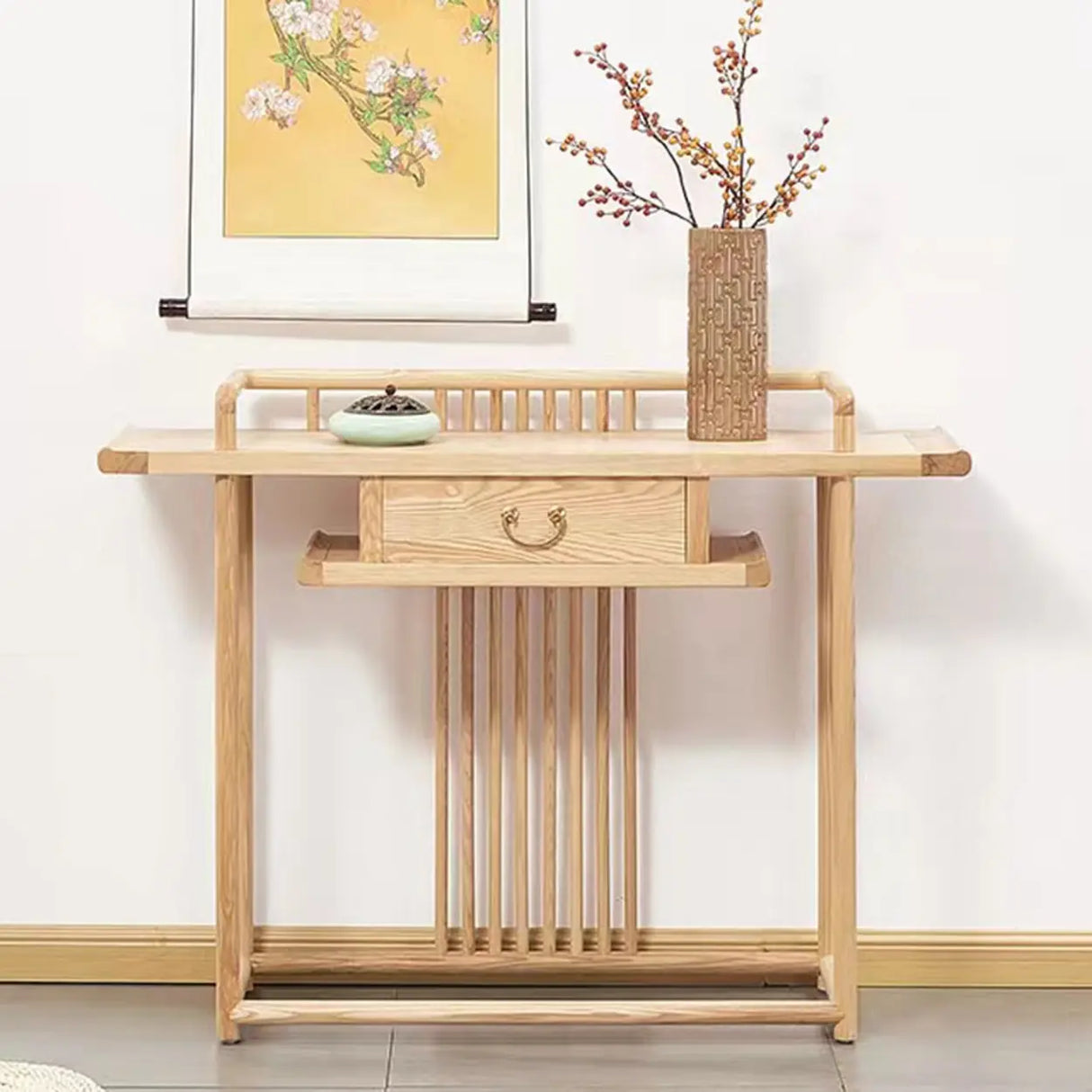 Minimalist Oak Wood Natural Storage Display Console Table Image - 9