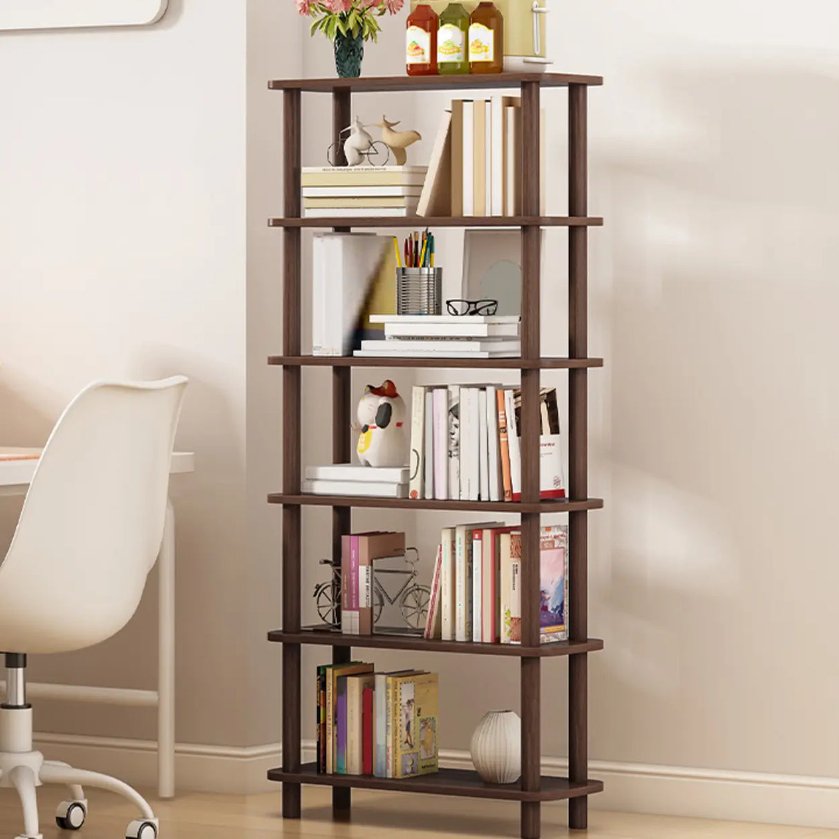 Minimalist Open-Back Wooden Etagere Display Bookshelf Image - 19