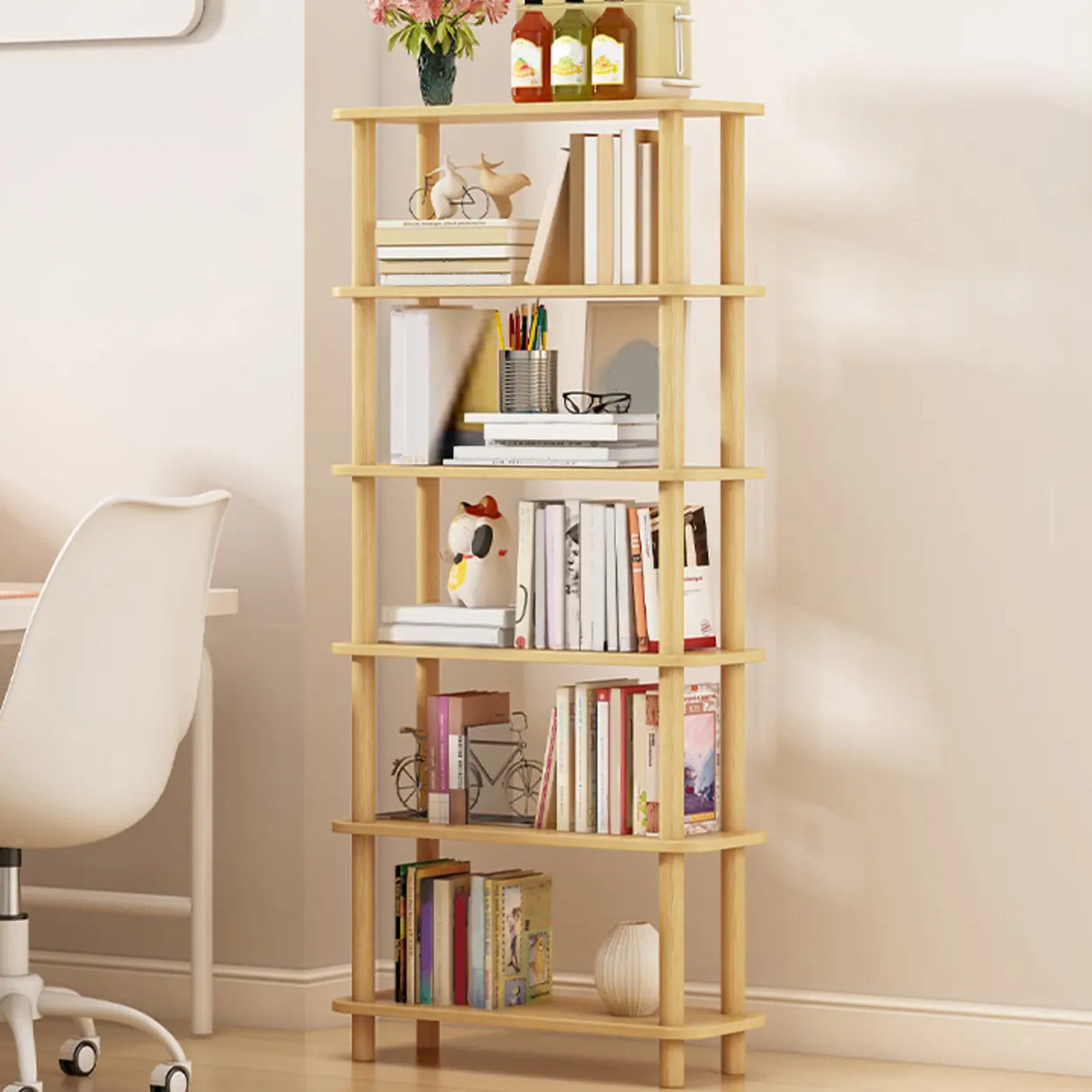 Minimalist Open-Back Wooden Etagere Display Bookshelf Image - 20