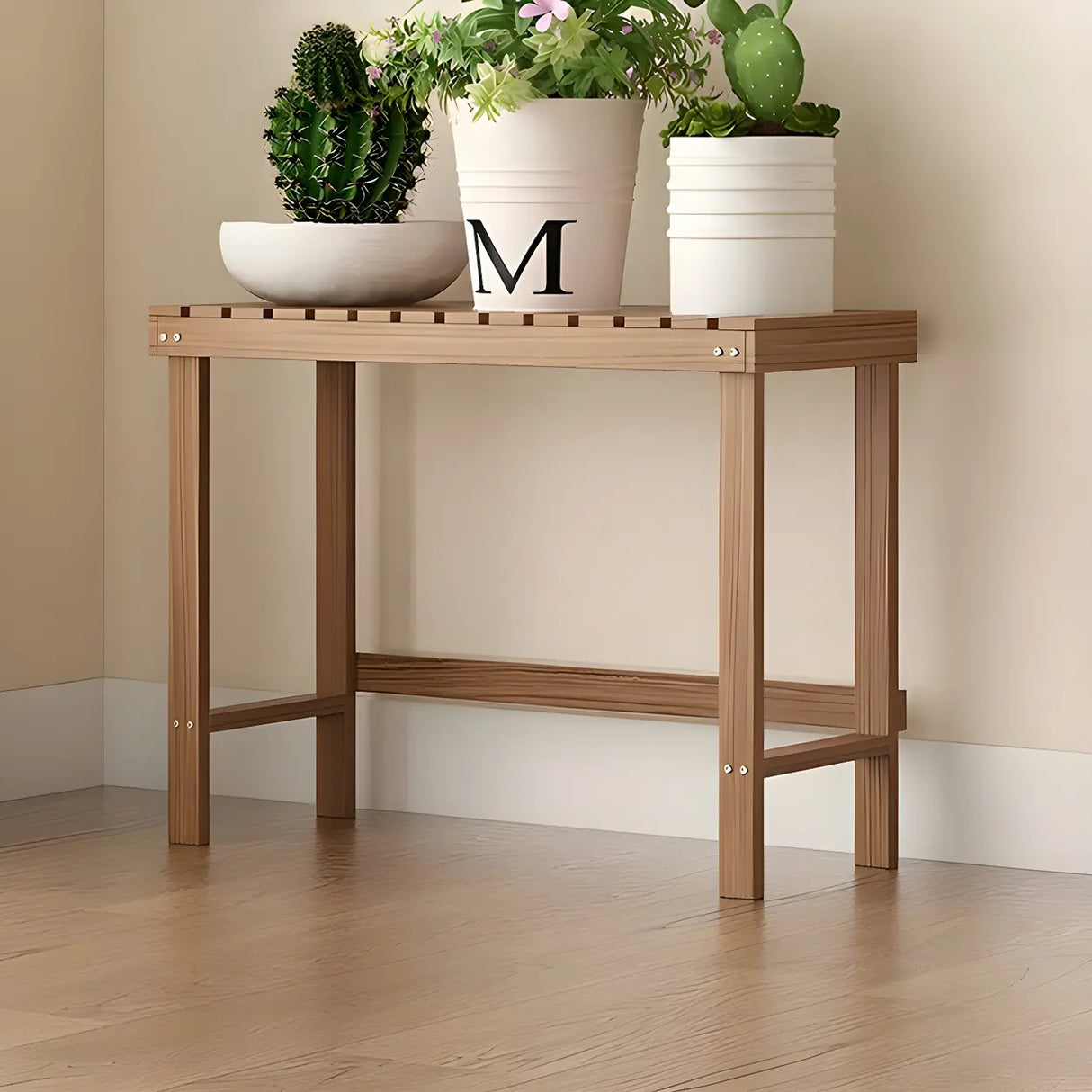 Minimalist Rectangle Wood Natural 1 Tier Plant Stand Image - 26