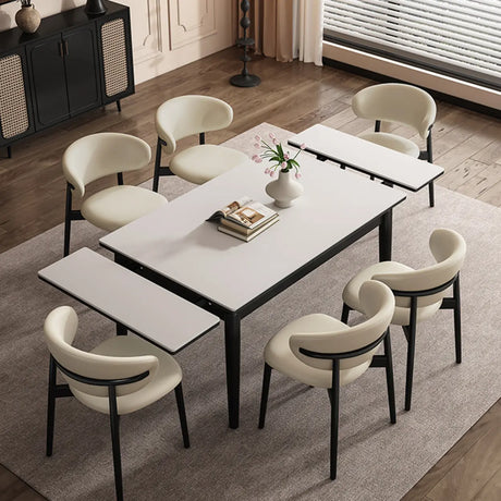 Minimalist Rectangular Extendable White Stone Top Dining Table Image - 1