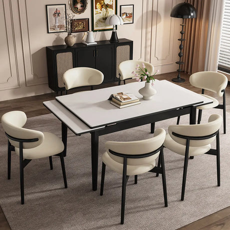 Minimalist Rectangular Extendable White Stone Top Dining Table Image - 3